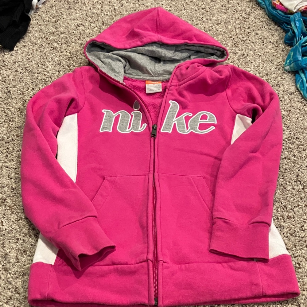 Nike Girls Kids Fuchsia and Gray Zip-up Hoodie with Side Pockets Size Medium